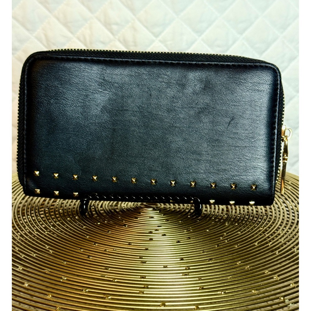 Badgley Mischka Black Studded Zip Around Wallet Gold Hardware Logo Long Clutch - Picture 2 of 8